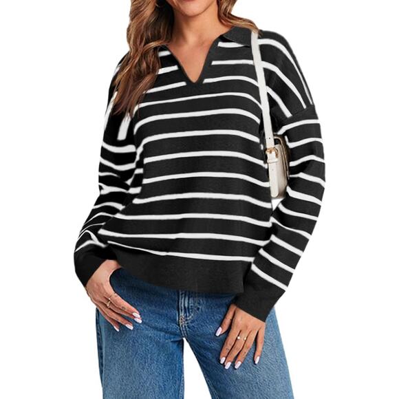 NWT Womens Large Striped, V Neck, Long Sleeve Loose Knit Pullover Sweater - Picture 1 of 1
